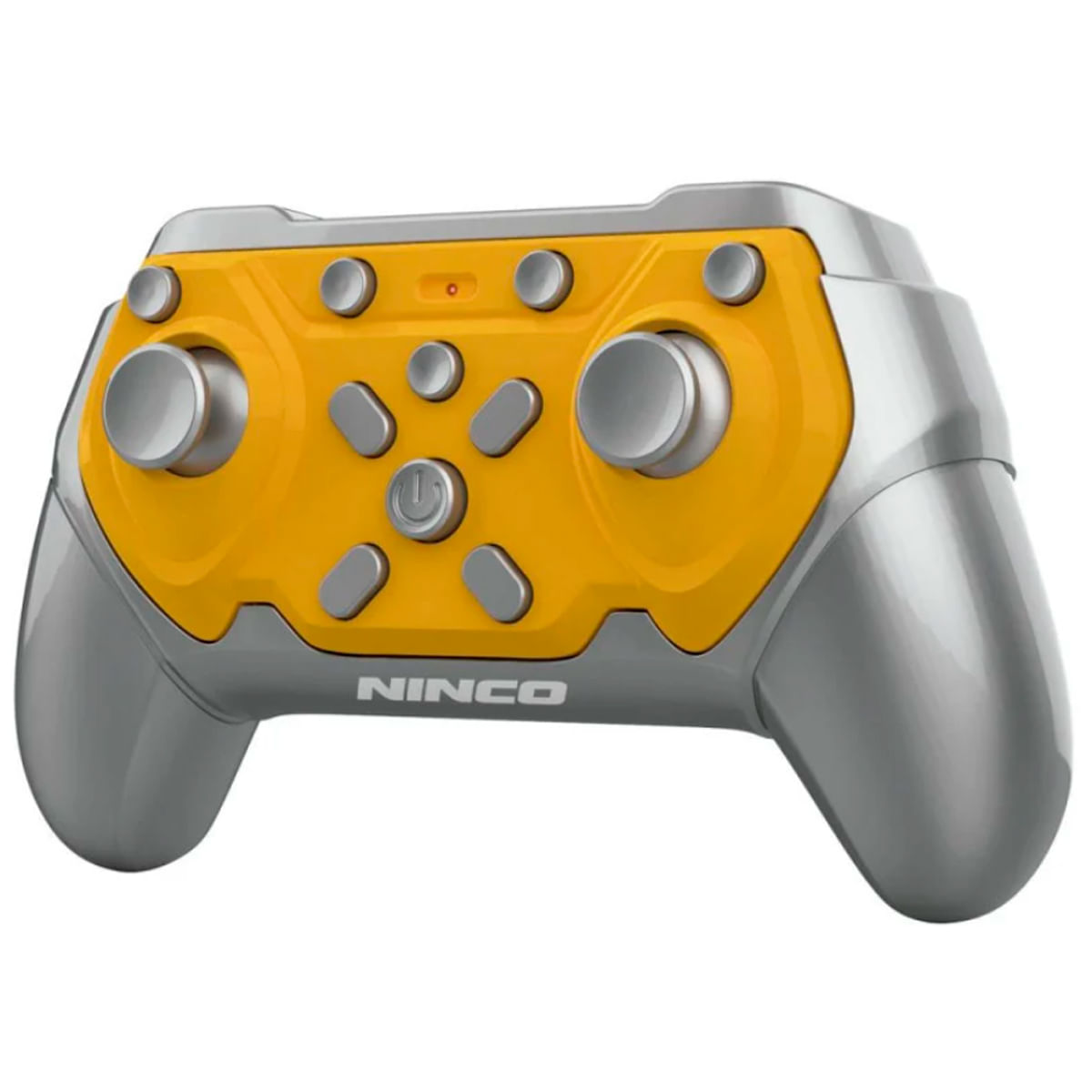 Un mando de juego Ninco plateado y amarillo con joysticks analógicos, botones y nombre de marca.