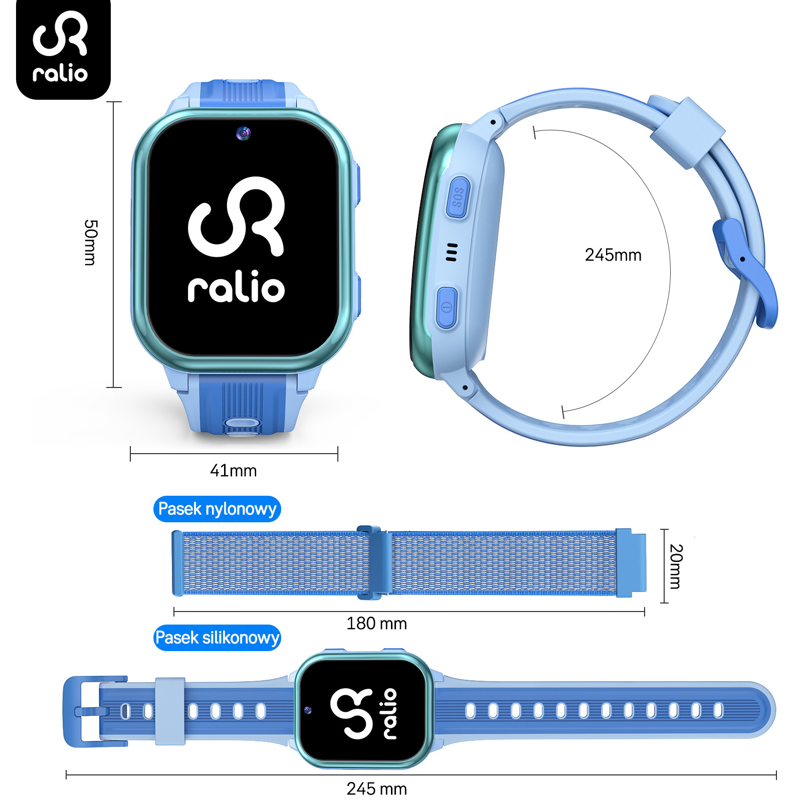 Niebieski smartwatch dla dzieci z wymiarami z przodu, z boku oraz z dwoma rodzajami pasków.