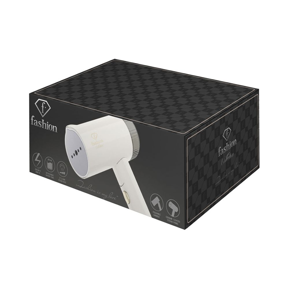 Eine schwarze Verpackungsbox mit der Aufschrift Fashion zeigt einen weißen Kleiderdampfer.
