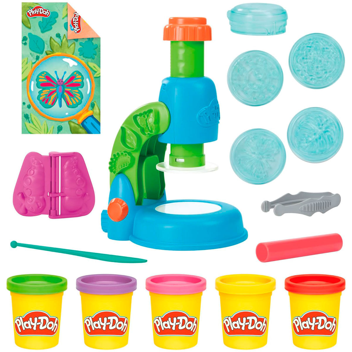 Juego de microscopio Play-Doh con moldes, herramientas y cinco envases de plastilina coloridos.