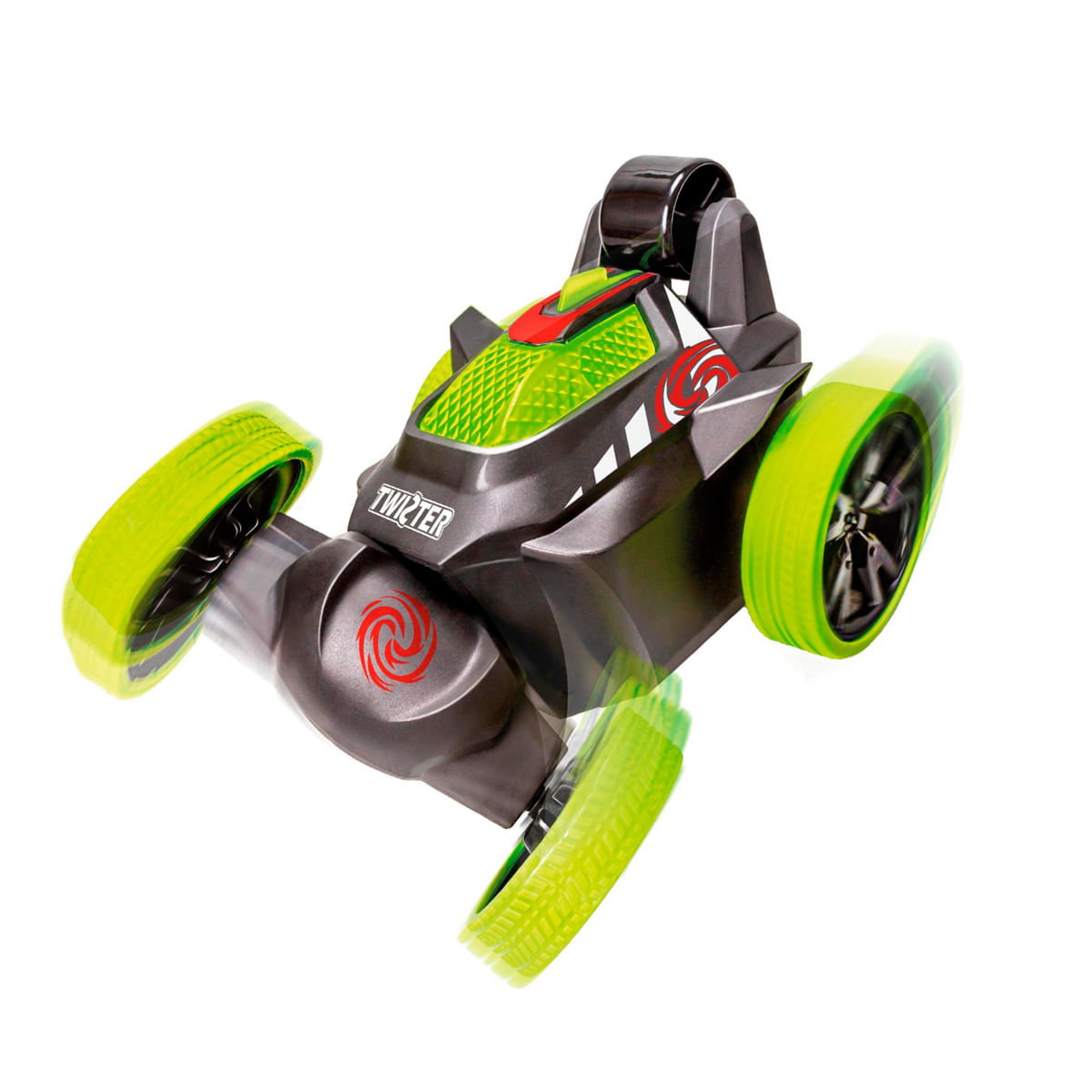 Un coche RC de acrobacias gris con ruedas verdes brillantes y símbolos rojos sobre fondo blanco.