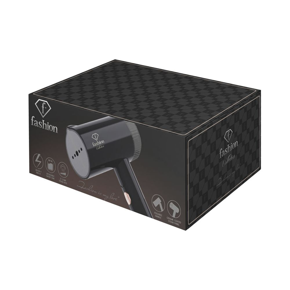 Eine schwarze Box mit Schachbrettmuster zeigt einen tragbaren Dampfglätter der Marke Fashion.