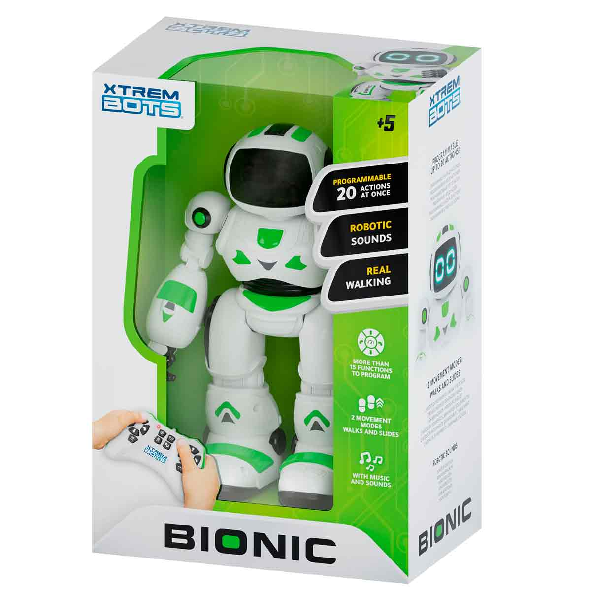 Embalaje de un robot Bionic blanco y verde con control remoto y funciones programables.