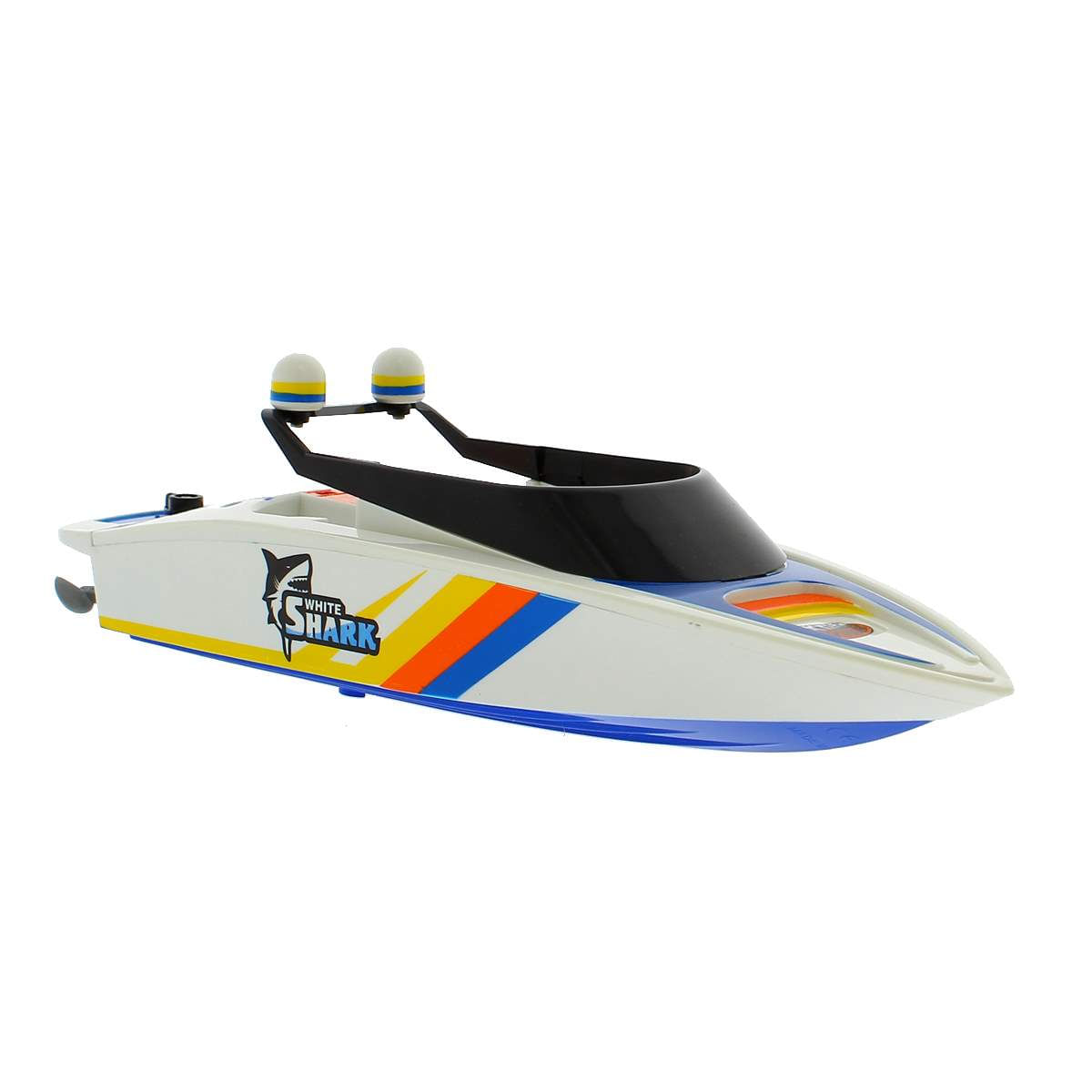 Un bote de juguete RC blanco llamado White Shark con rayas azules y amarillas sobre fondo blanco.