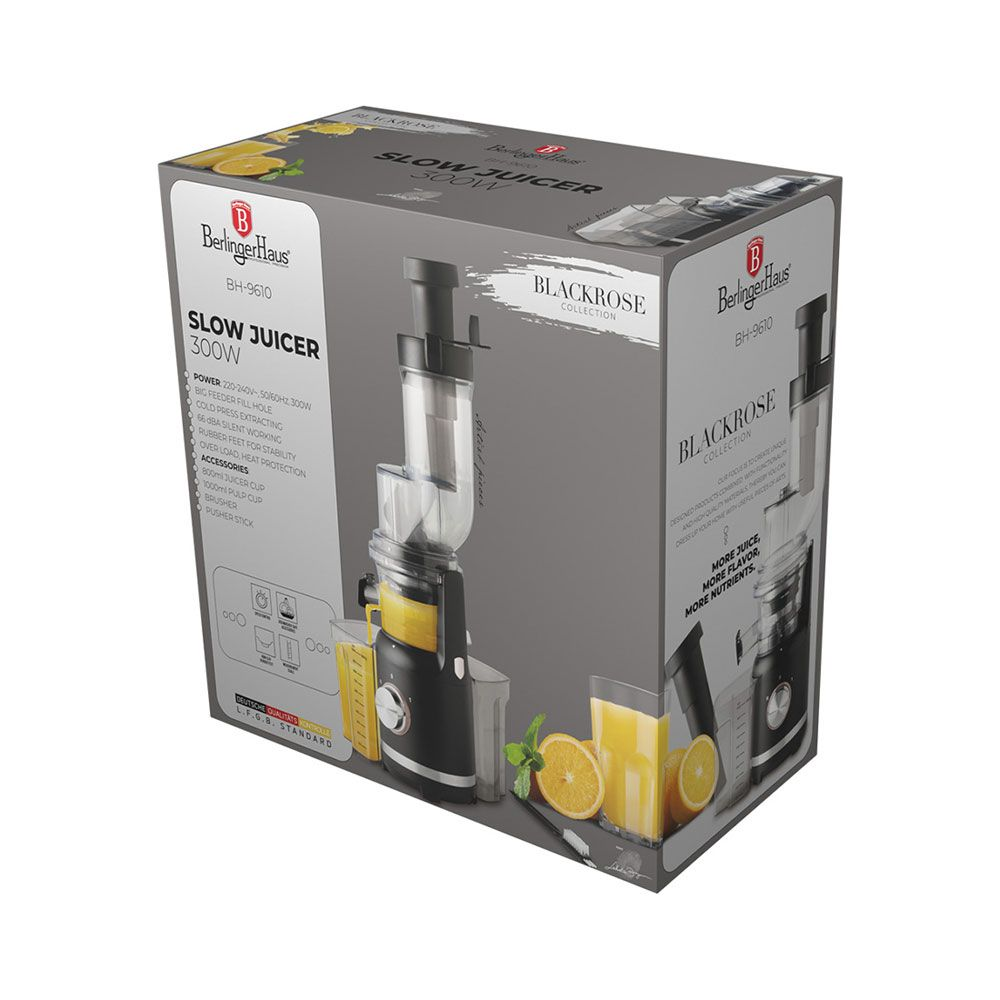 Confezione dell'estrattore di succo lento Berlinger Haus 300W, con un'immagine dell'apparecchio e arance.