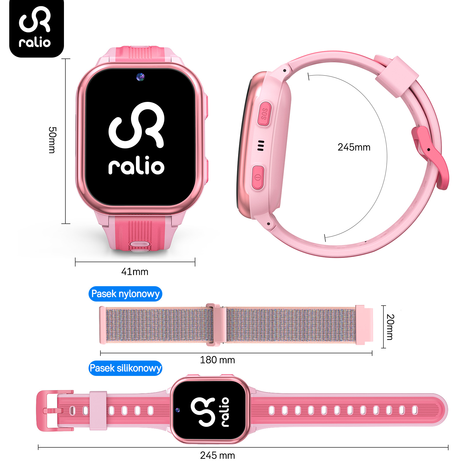 Różowy smartwatch dla dzieci ralio z wymiarami i dwoma paskami.