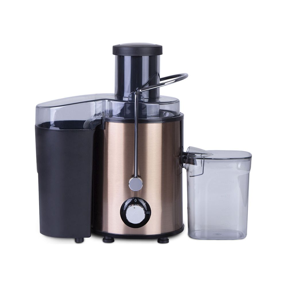 Moderno spremiagrumi elettrico in acciaio inossidabile e plastica nera con contenitore per succo su sfondo bianco.