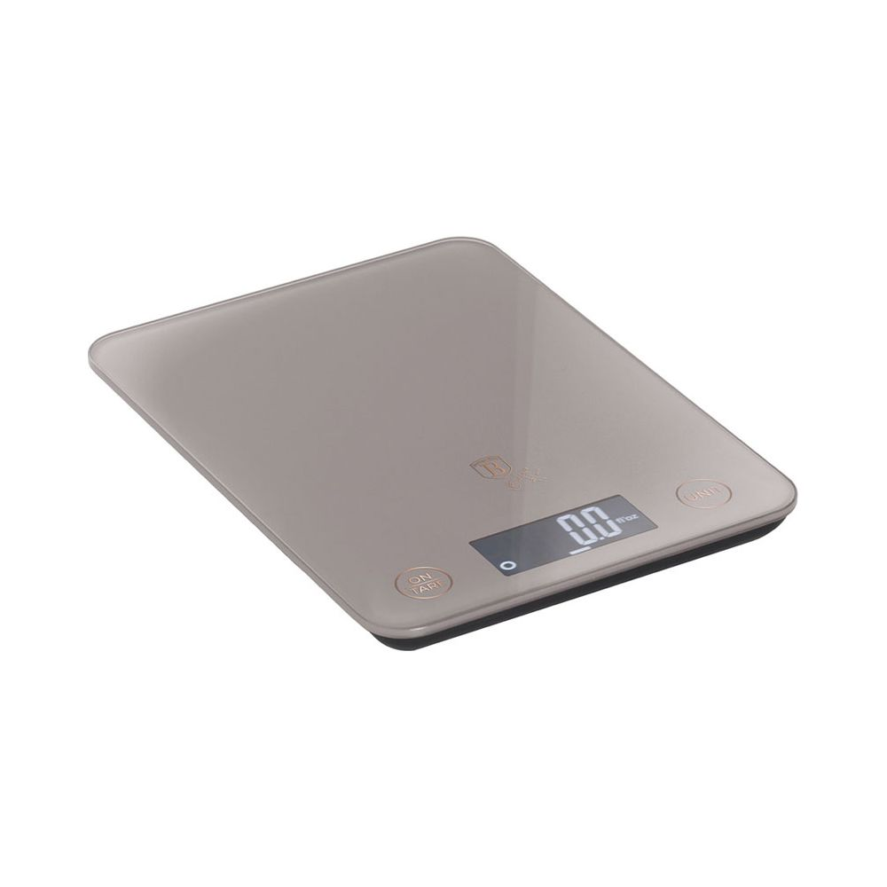 Eine elegante, graue digitale Küchenwaage mit digitalem Display 0,0, roségoldenen Tasten und reflexionsstarker Glasfläche.