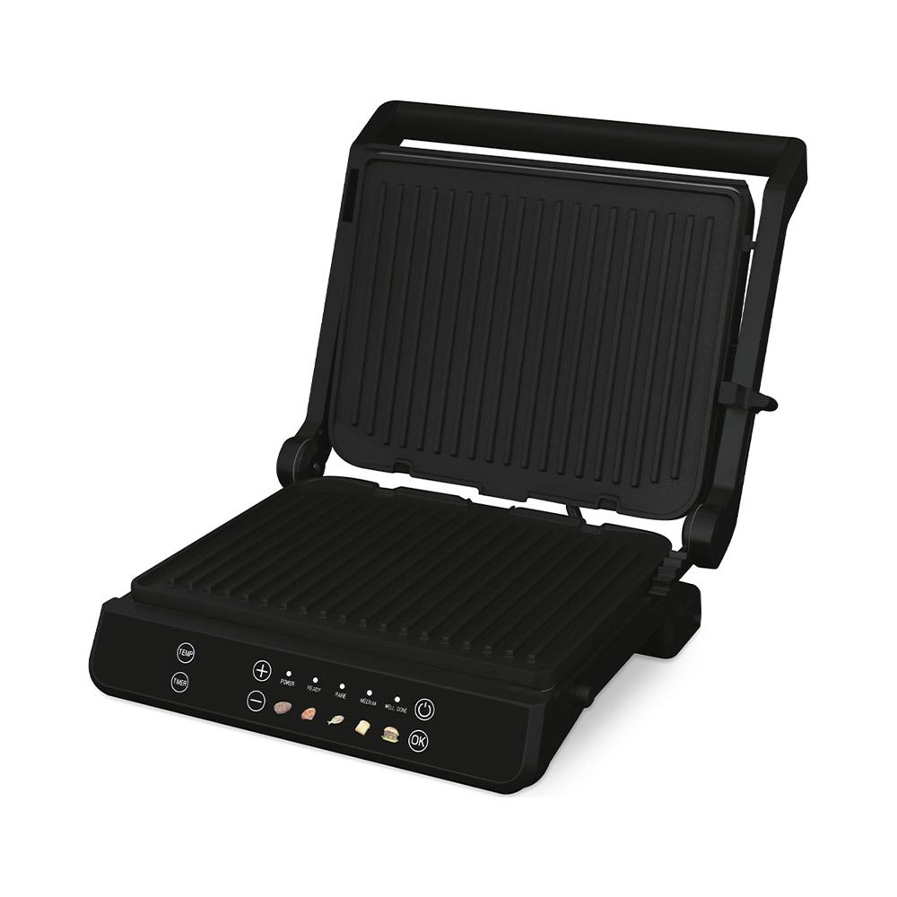 Ein offener schwarzer Elektro-Kontaktgrill mit gerippten Platten und digitalem Bedienfeld vorne.