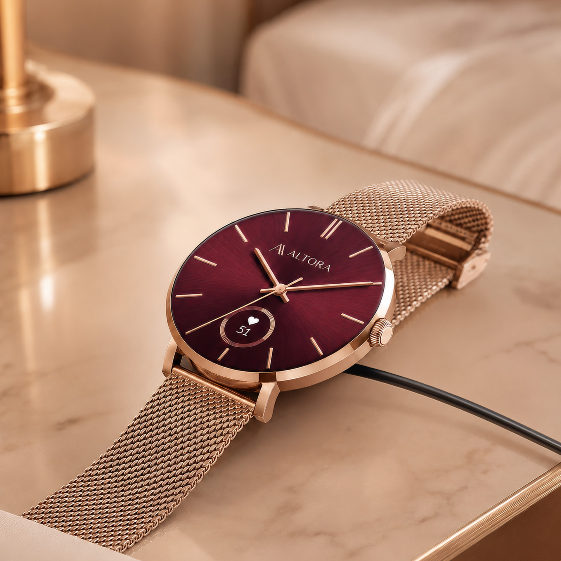 Różowozłoty smartwatch z czerwoną tarczą i siatkowym paskiem leży na lśniącej powierzchni.
