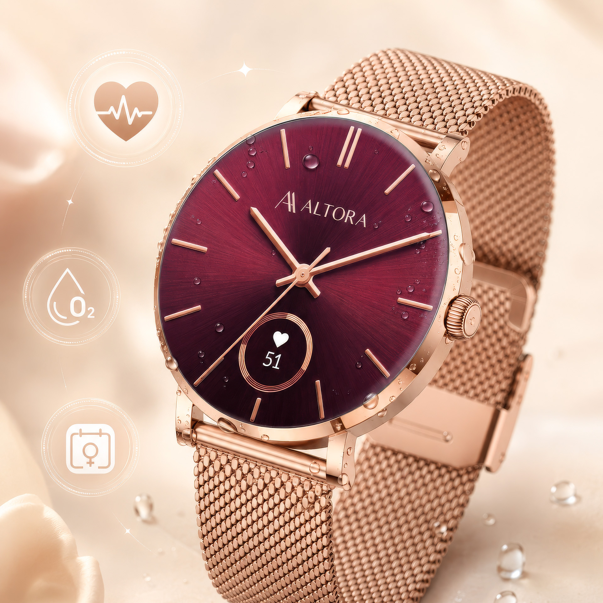 Różowozłoty smartwatch z ciemnoczerwoną tarczą, bransoletką typu mesh, kroplami wody i ikonami fitness.