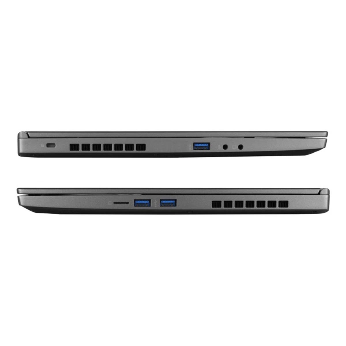 Boczne profile szarego laptopa pokazujące porty USB, szczeliny wentylacyjne i gniazda audio.