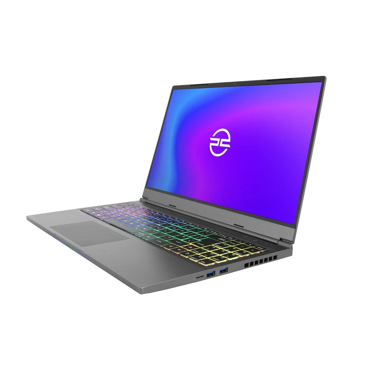 Szary laptop z podświetlaną klawiaturą i niebieskim ekranem na białym tle.
