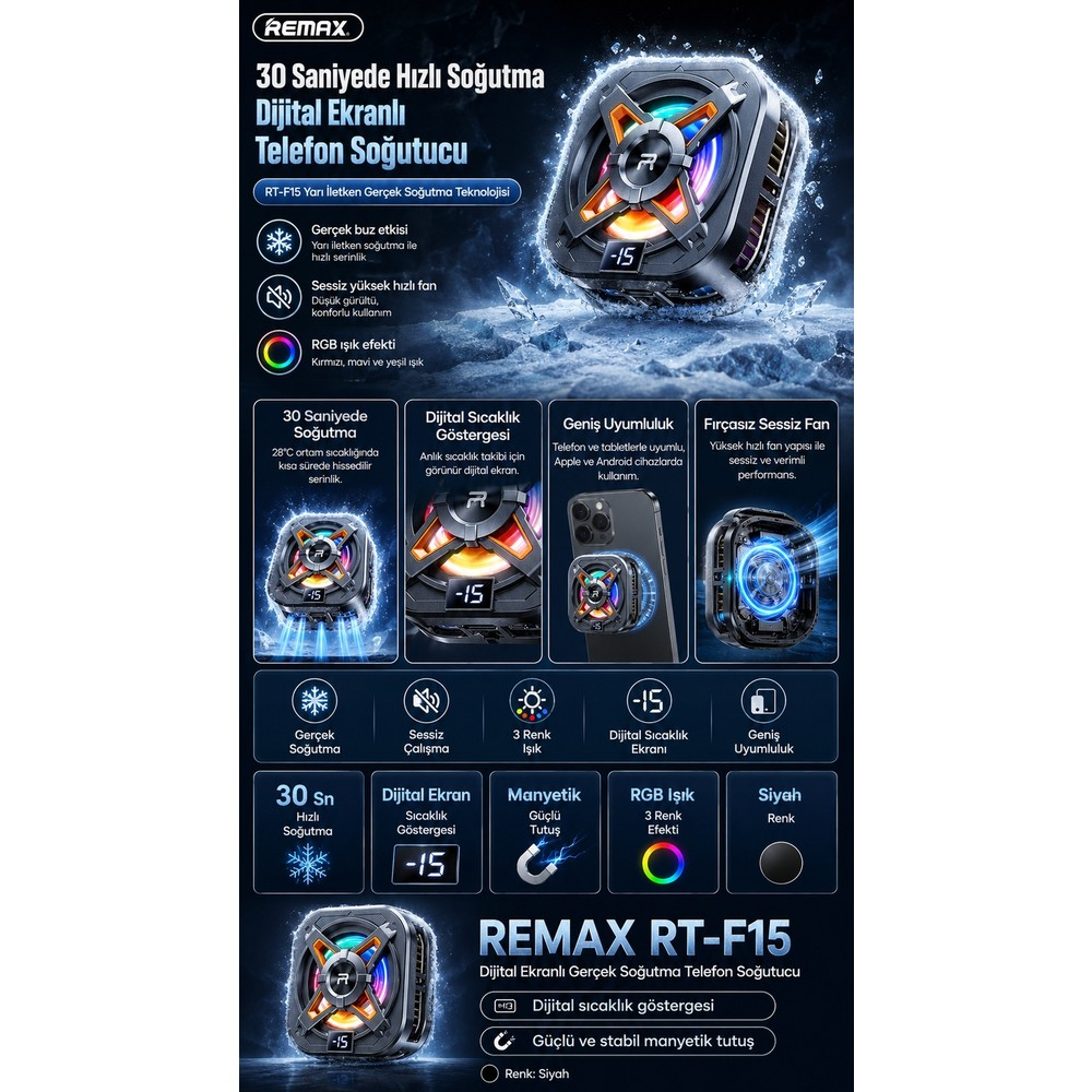 RGB aydınlatmalı ve dijital sıcaklık göstergeli Remax RT-F15 telefon soğutucusunun ürün reklamı.