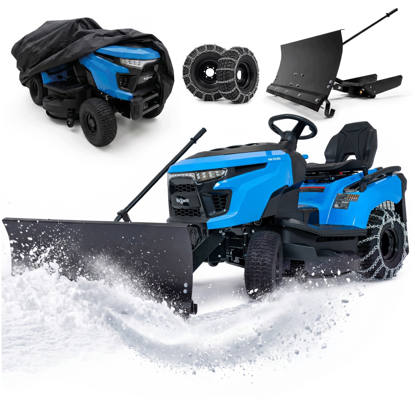 Ein blauer Rasentraktor mit Schneeschild, Reifenketten und einer Schutzhülle vor weißem Hintergrund.