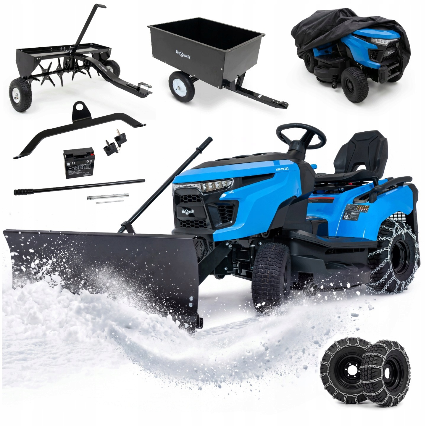 Ein blauer Aufsitzmäher mit Schneeschild, Anhänger, Streuer, Schneeketten und Zubehör auf weißem Hintergrund.