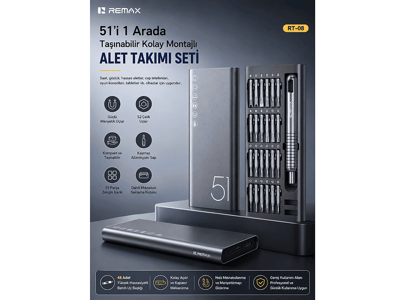 REMAX RT-08 51'i 1 Arada Alüminyum Kutulu S2 Çelik Hassas Tornavida Takımı Tamir Seti