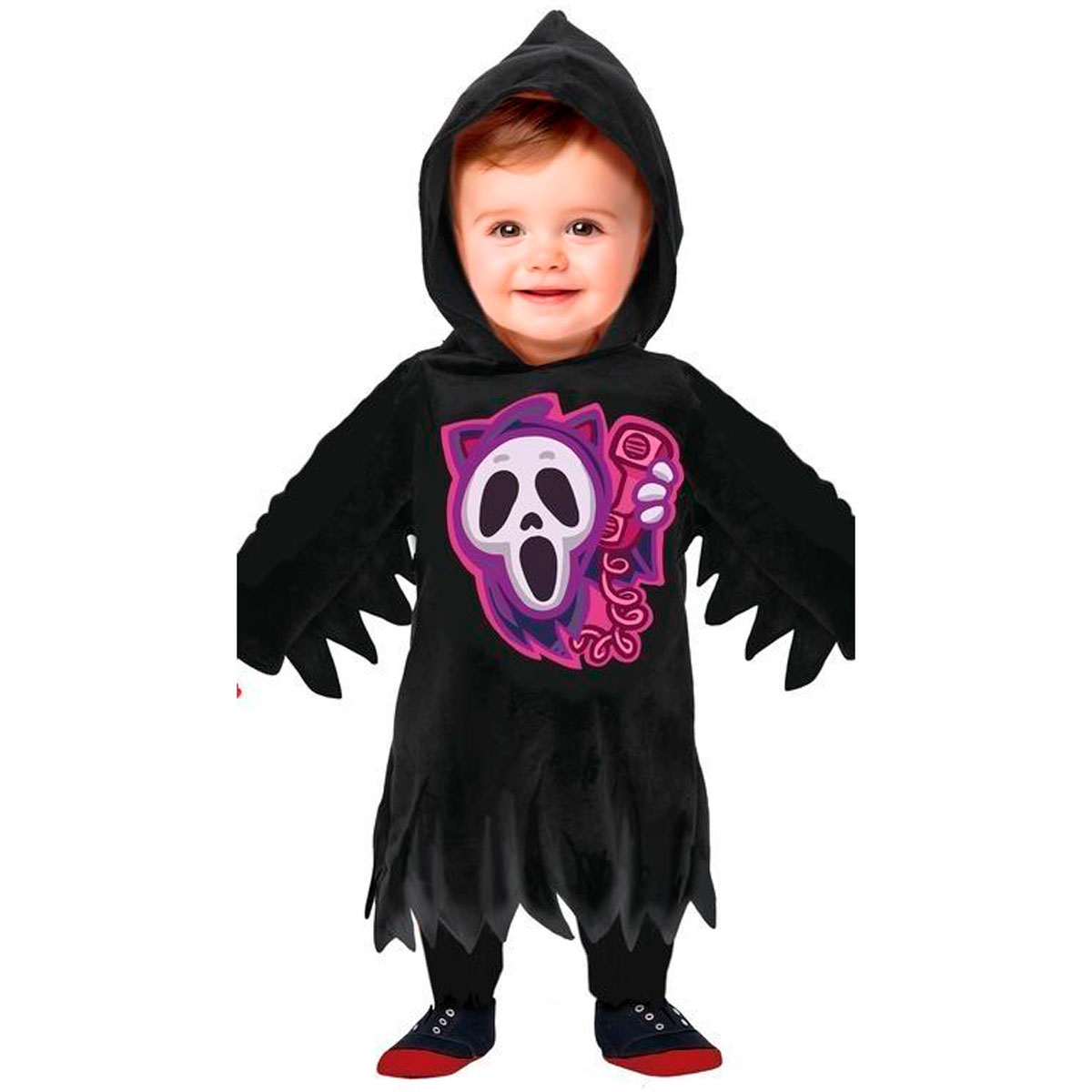 Niño pequeño con disfraz de fantasma negro con un gráfico de dibujos animados en el pecho y capucha.