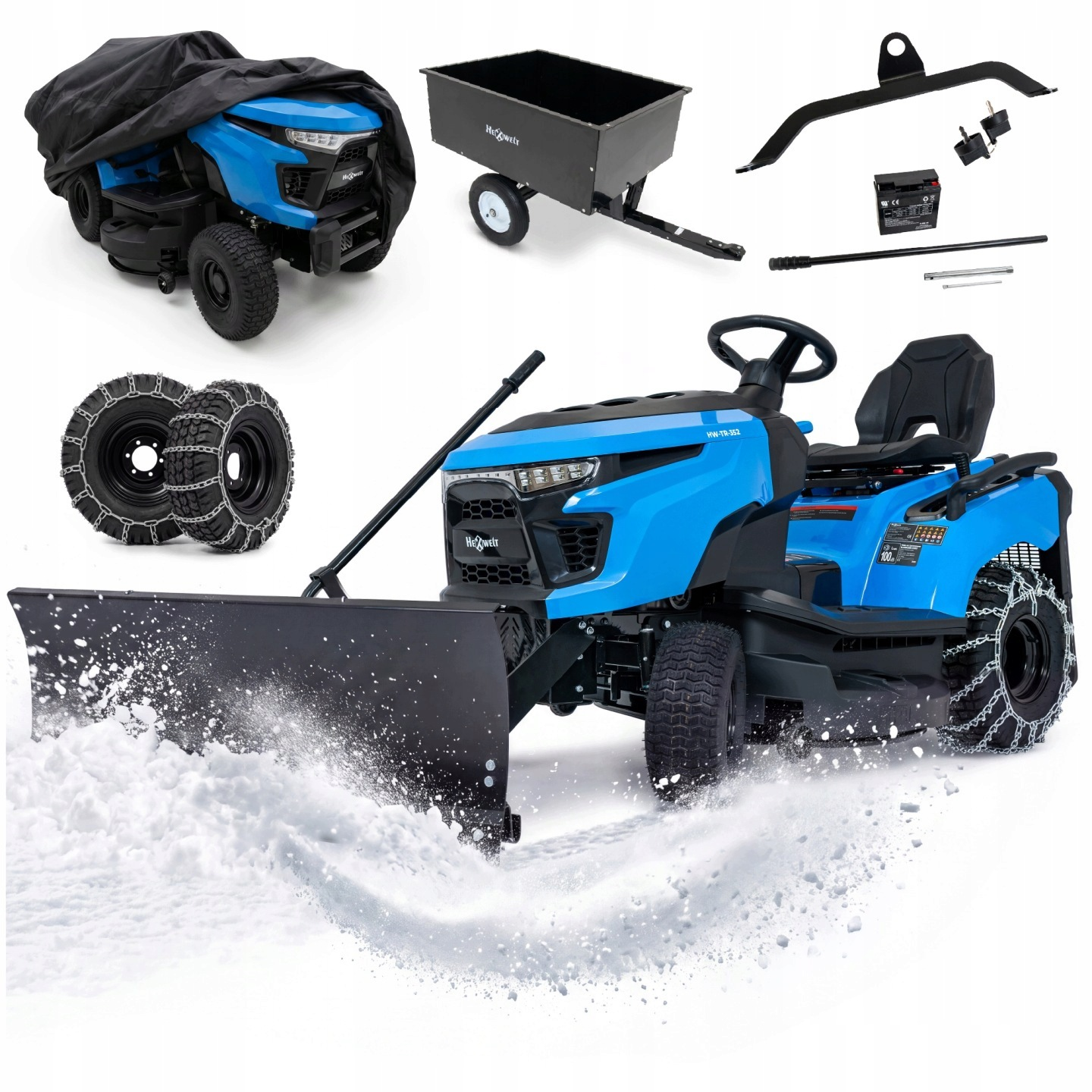 Ein blauer Rasentraktor mit Schneeschild beim Schneeräumen, dazu Wagen, Abdeckung, Schneeketten und Zubehör.