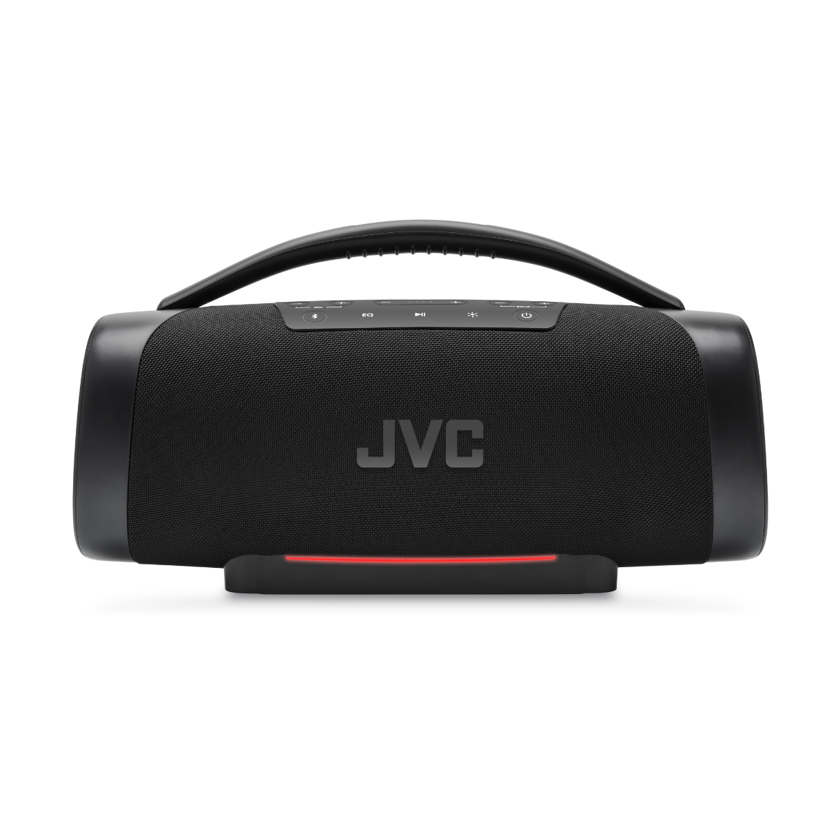 Czarny głośnik Bluetooth JVC z uchwytem i czerwonym paskiem świetlnym na dole.