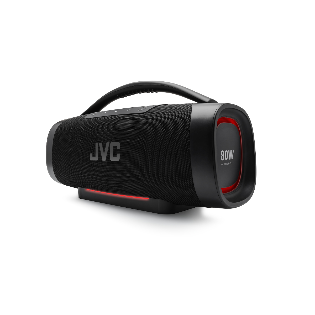 Czarny przenośny głośnik Bluetooth JVC z uchwytem, czerwonymi akcentami świetlnymi i napisem 80W na białym tle.