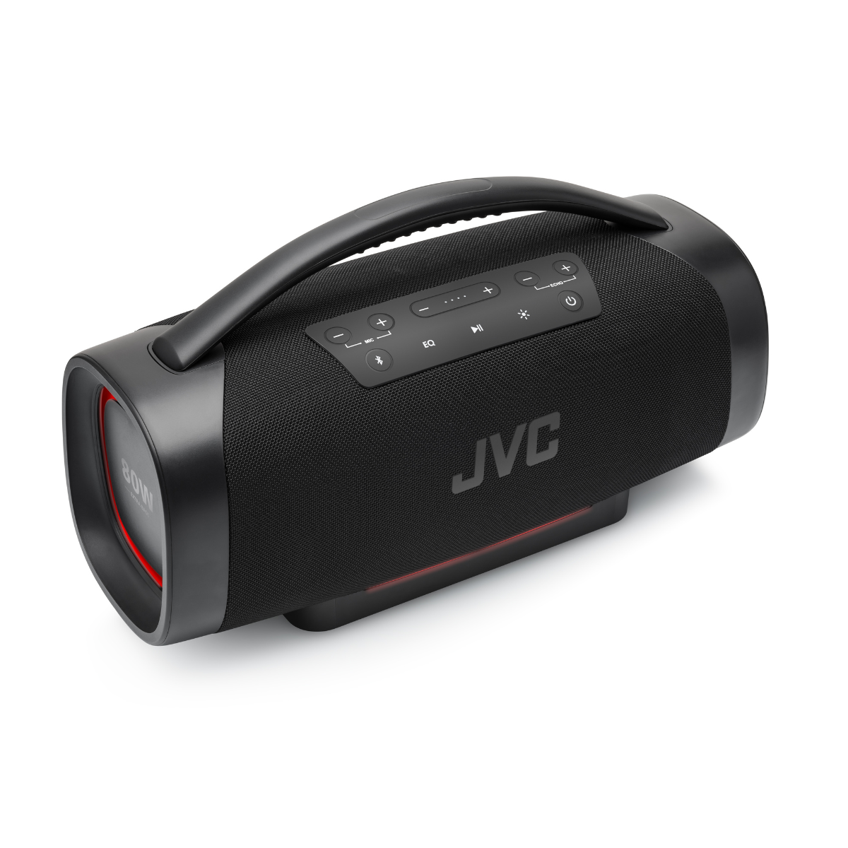 Czarny przenośny głośnik Bluetooth JVC z uchwytem, przyciskami sterującymi i czerwonym światłem.