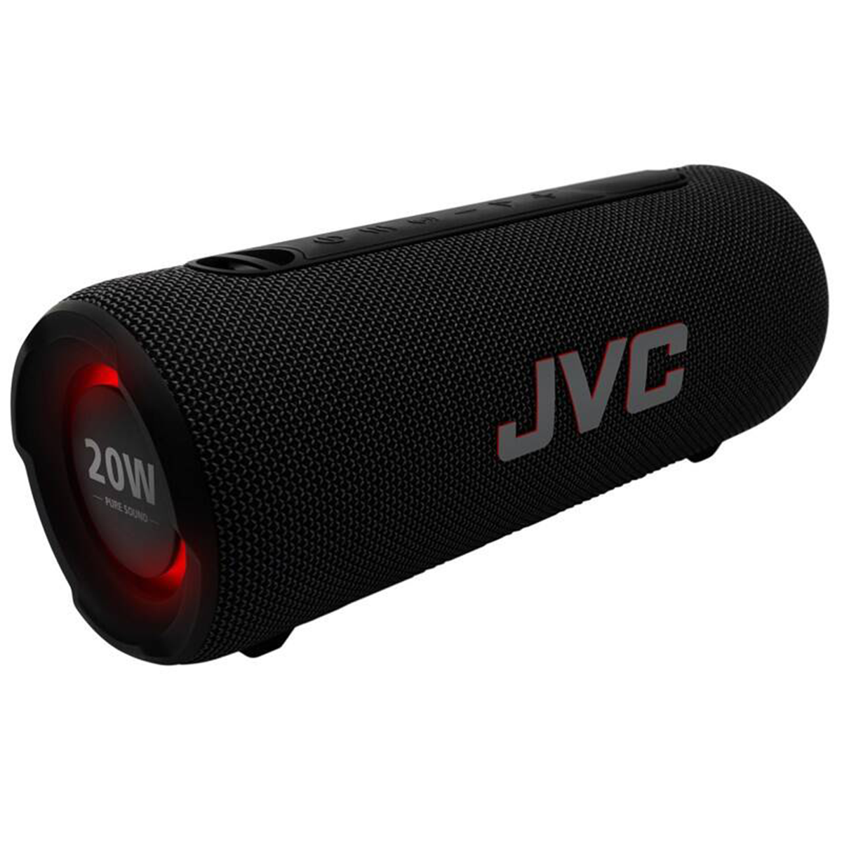 Cylindryczny czarny głośnik Bluetooth JVC z czerwonym podświetleniem i napisem 20W po lewej stronie.