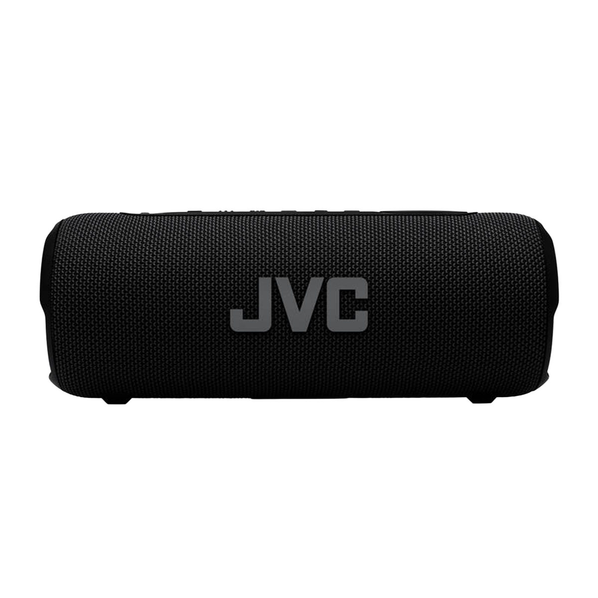 Cylindryczny czarny głośnik Bluetooth JVC na białym tle.