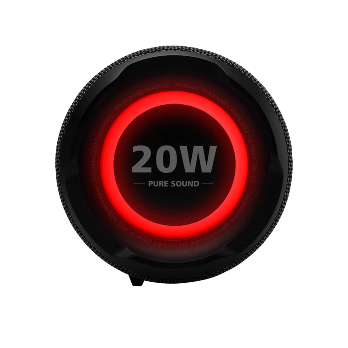 Okrągły czarny głośnik z czerwonym świecącym pierścieniem i napisem 20W PURE SOUND.
