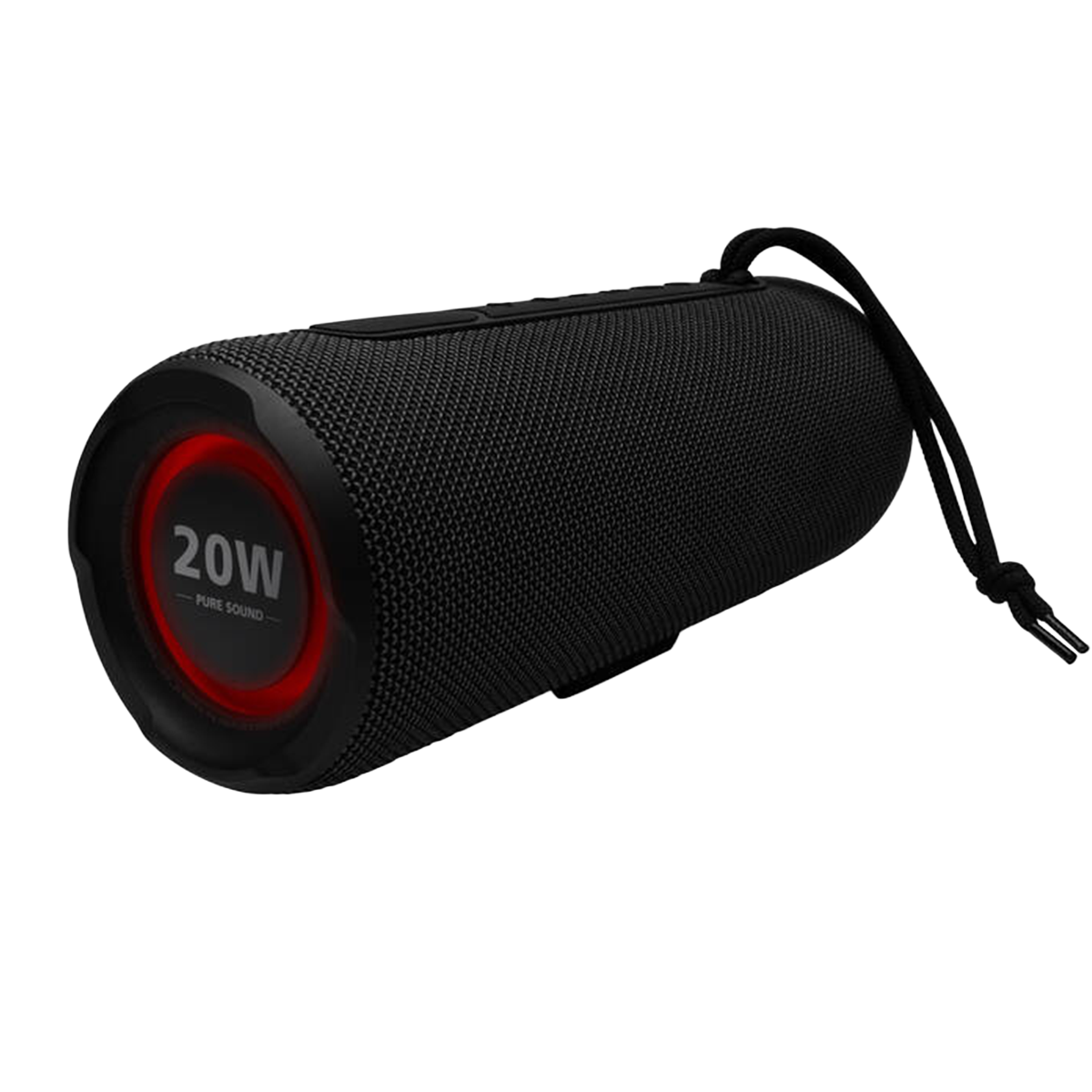 Czarny głośnik Bluetooth z czerwonym pierścieniem świetlnym, napisem '20W PURE SOUND' i paskiem na białym tle.
