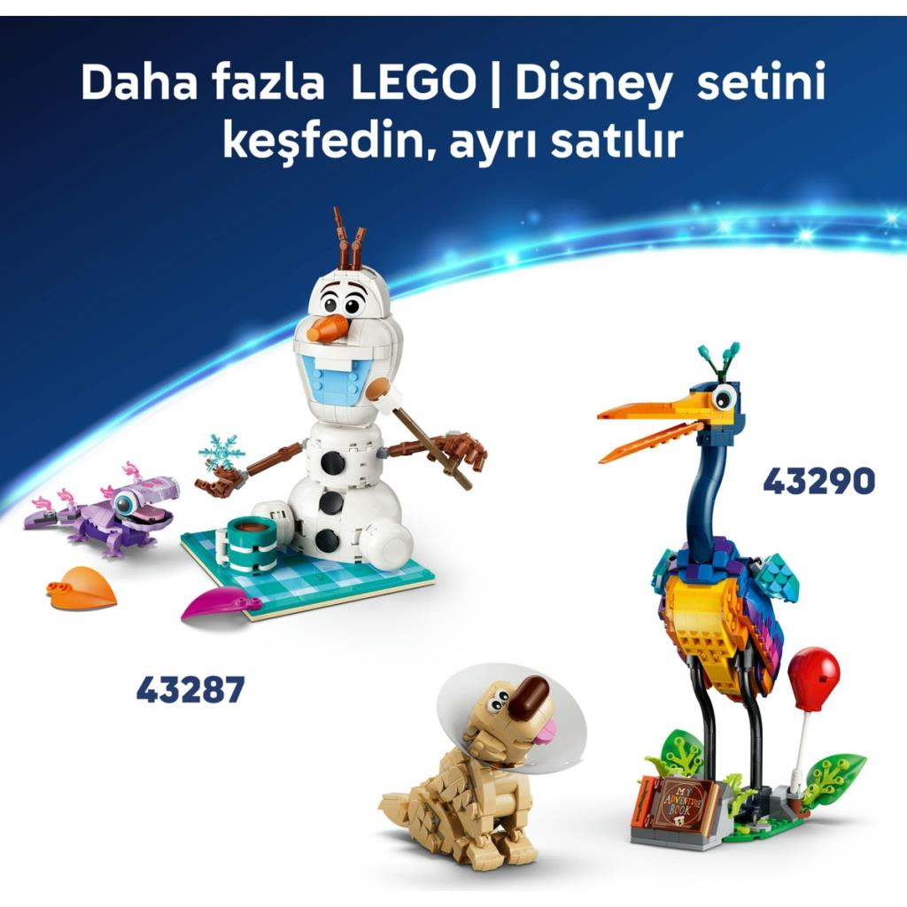 Türkçe metinli mavi arka planda Olaf, bir kertenkele, bir köpek ve bir kuş içeren Lego Disney setleri.