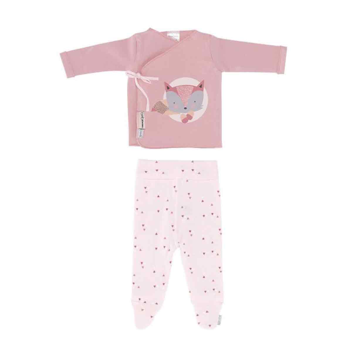 Conjunto de bebé rosa con manga larga, motivo de zorro y pantalones estampados.