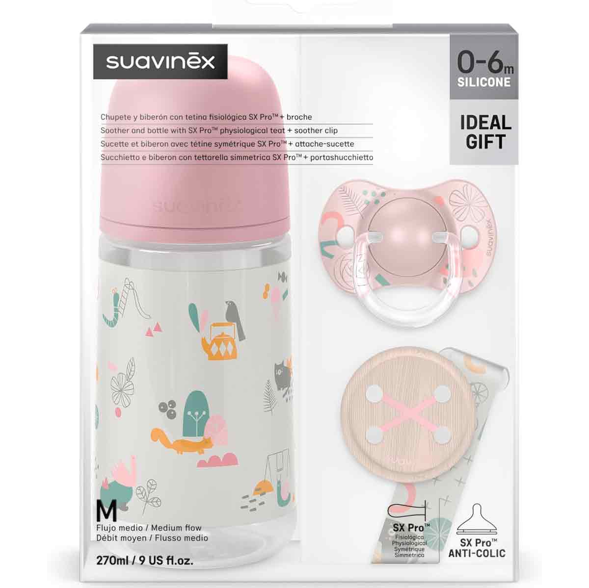 Set de regalo para bebé Suavinex con biberón rosa, chupete estampado y broche de madera.