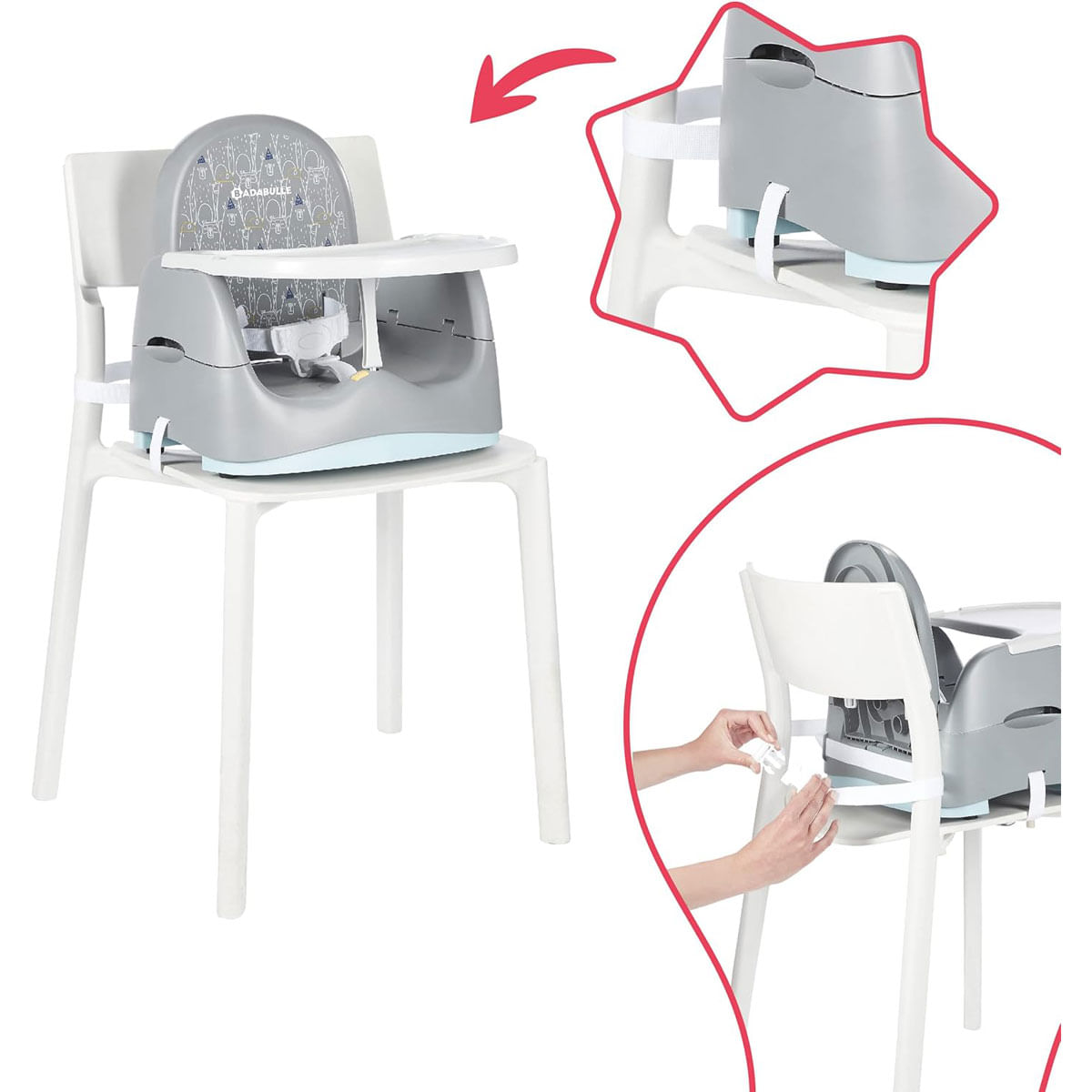 Asiento elevador para bebés gris y blanco asegurado a una silla blanca, mostrando detalles.