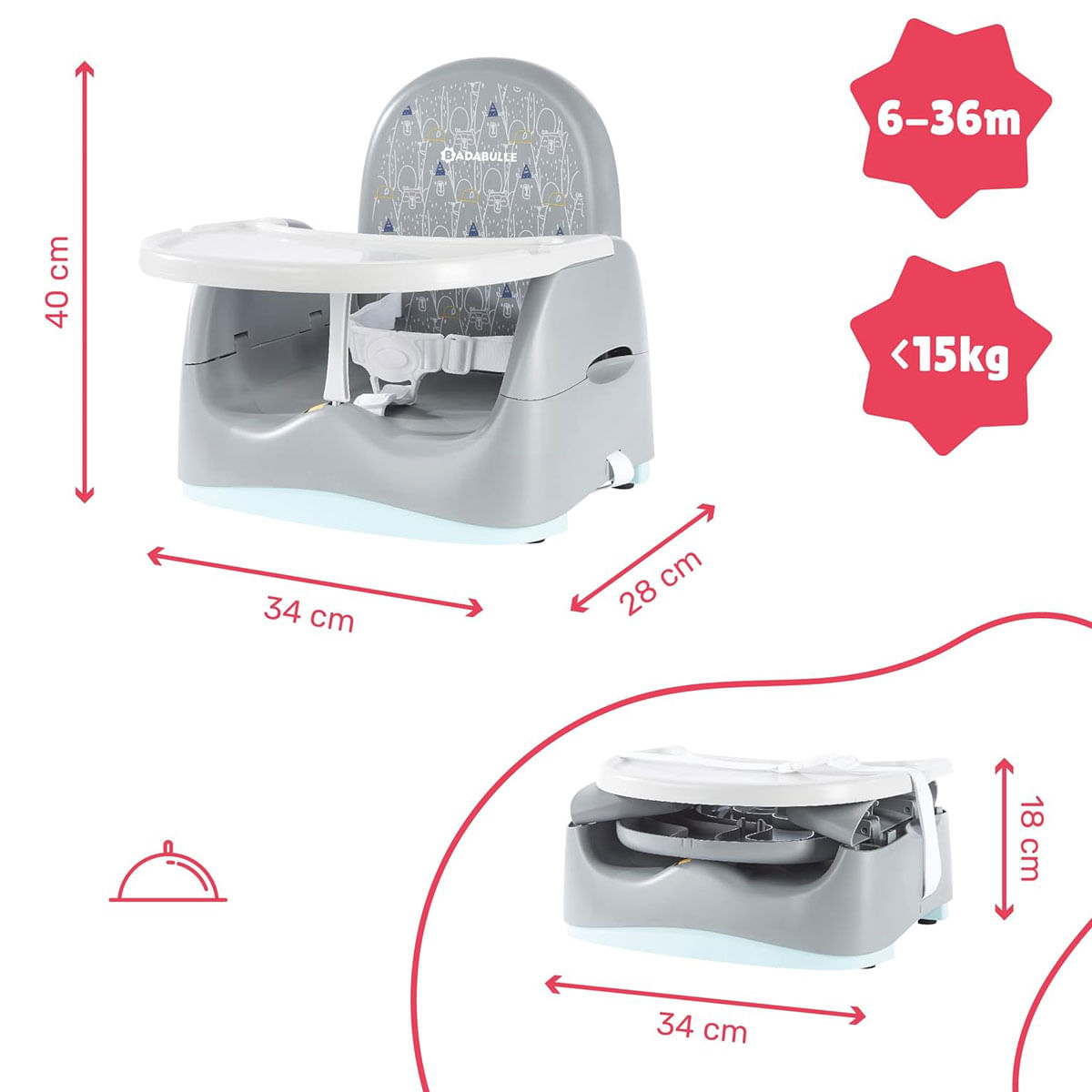 Asiento elevador gris con bandeja blanca, dimensiones y opción de plegado.