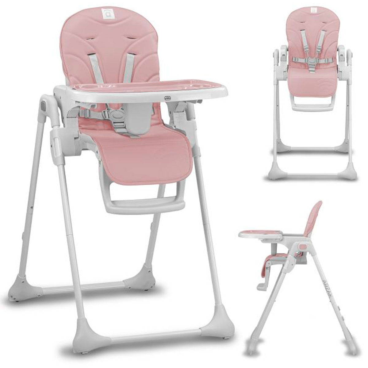 Silla alta rosa con marco y bandeja blancos, mostrada desde varios ángulos.