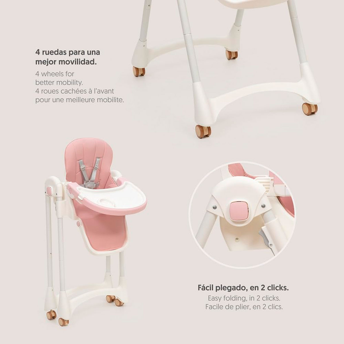 Trona para bebé rosa y blanca con cuatro ruedas y fácil plegado.