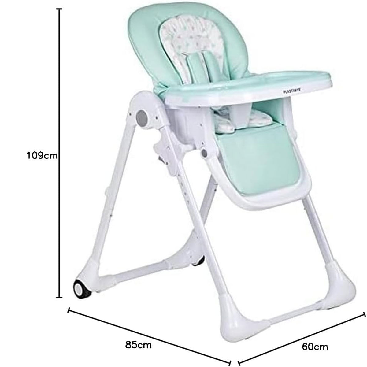 Trona para bebé de color verde menta y blanco con dimensiones de 109 cm de alto, 85 cm de largo y 60 cm de ancho.
