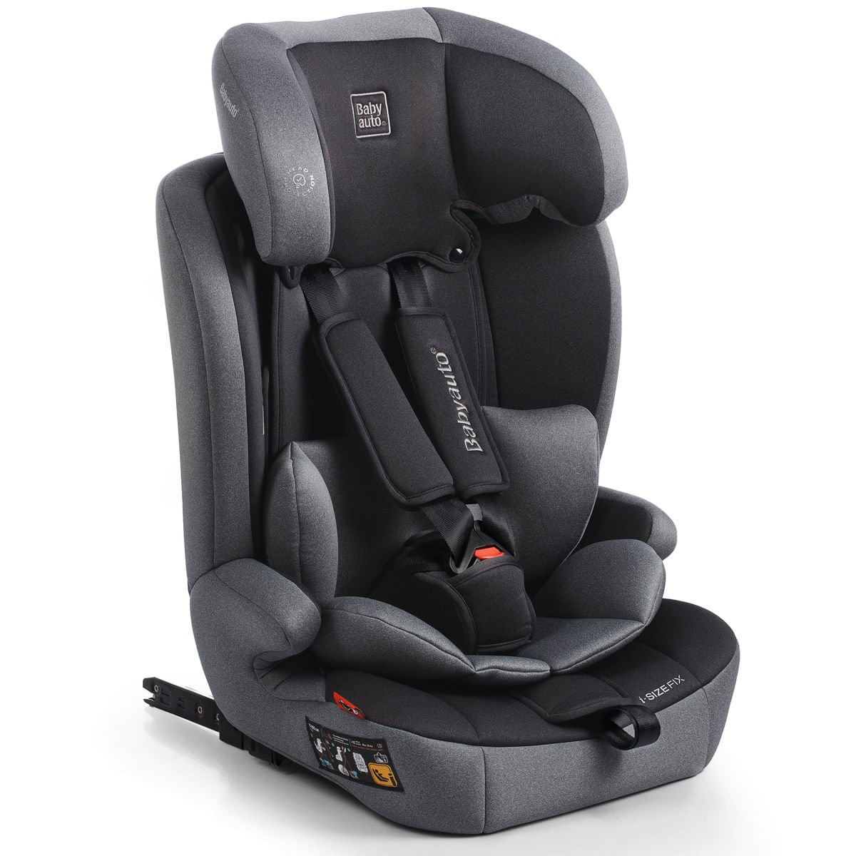 Una silla de coche para niños gris con arneses de seguridad negros y reposacabezas ajustable sobre fondo blanco.
