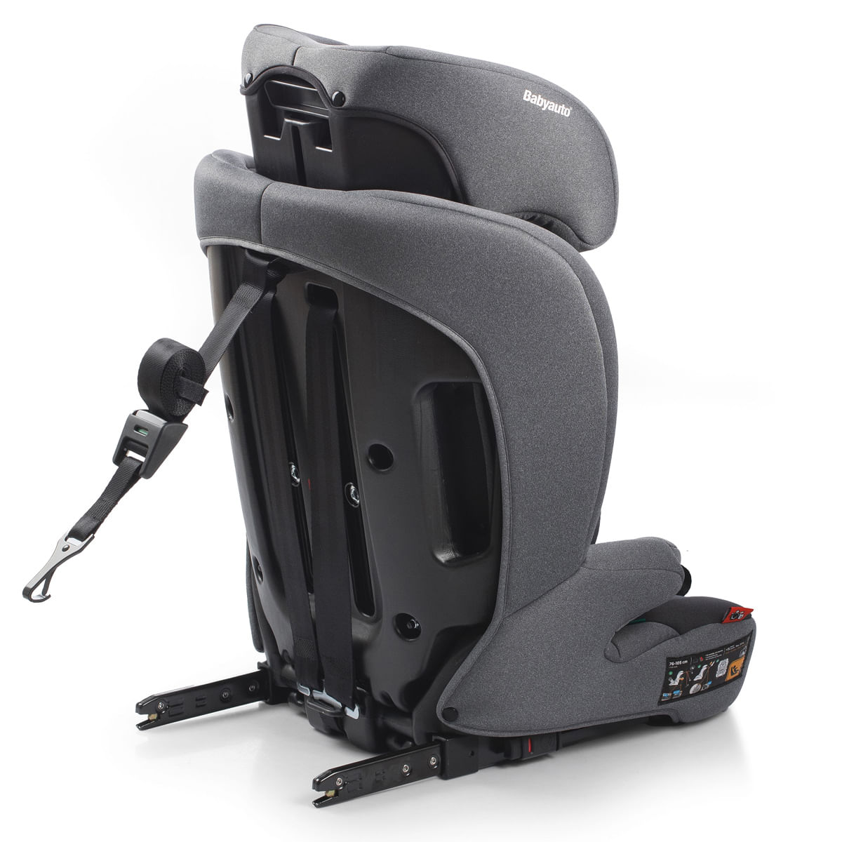 Silla de coche infantil Babyauto gris vista desde atrás con conectores Isofix y correa superior.