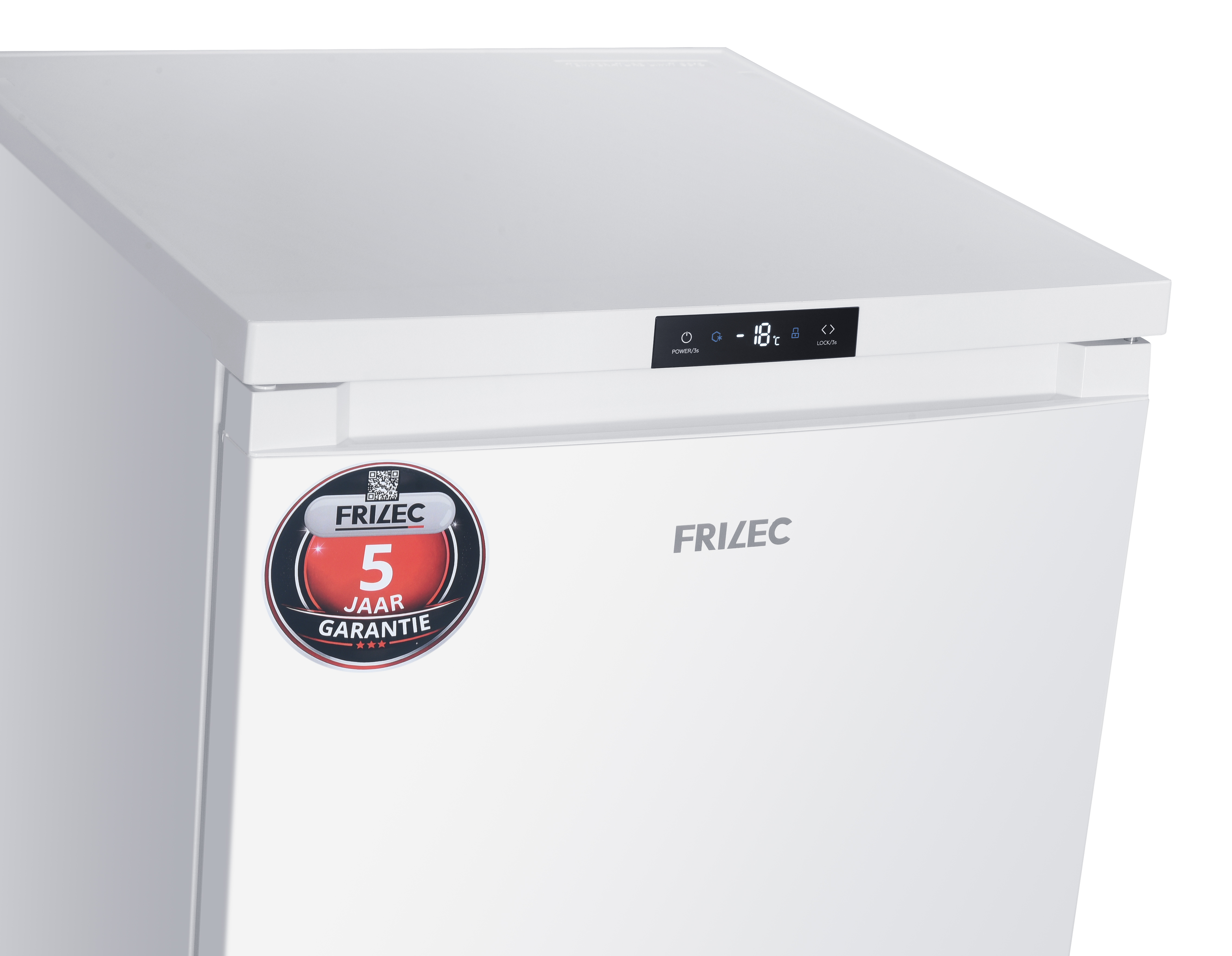 White Frizec chest freezer with digital display and 5-year warranty sticker.