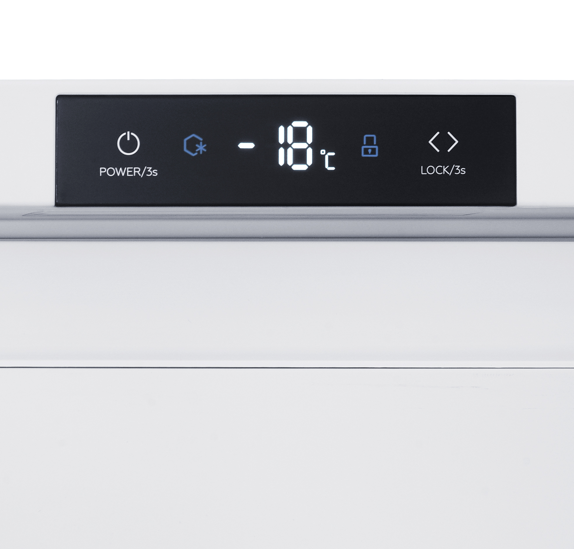 A white appliance digital control panel showing minus 18 degrees Celsius, power, lock, and settings icons.