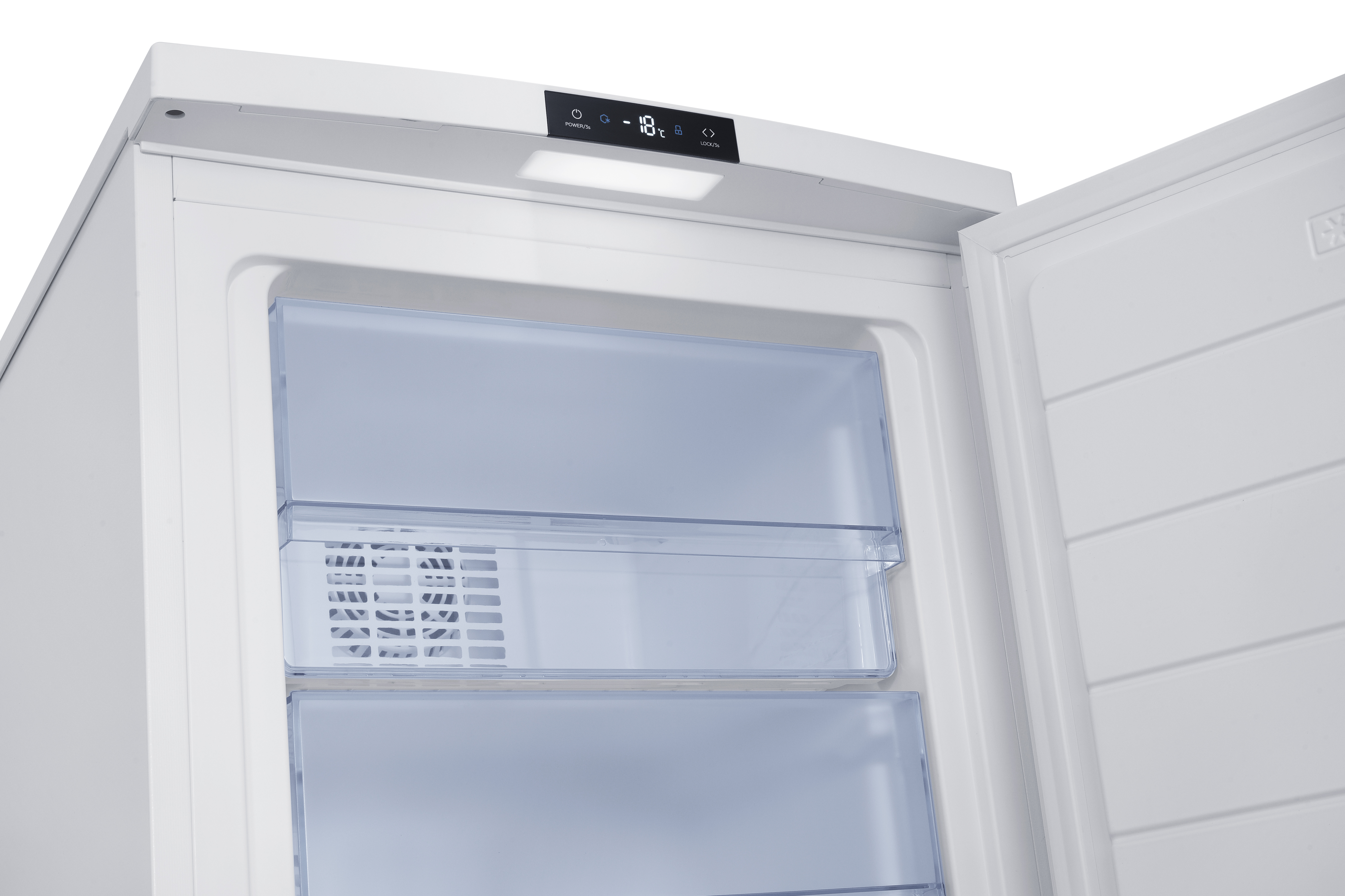 Open white freezer with top LED display showing minus 18 degrees, clear drawers, and an internal fan vent.