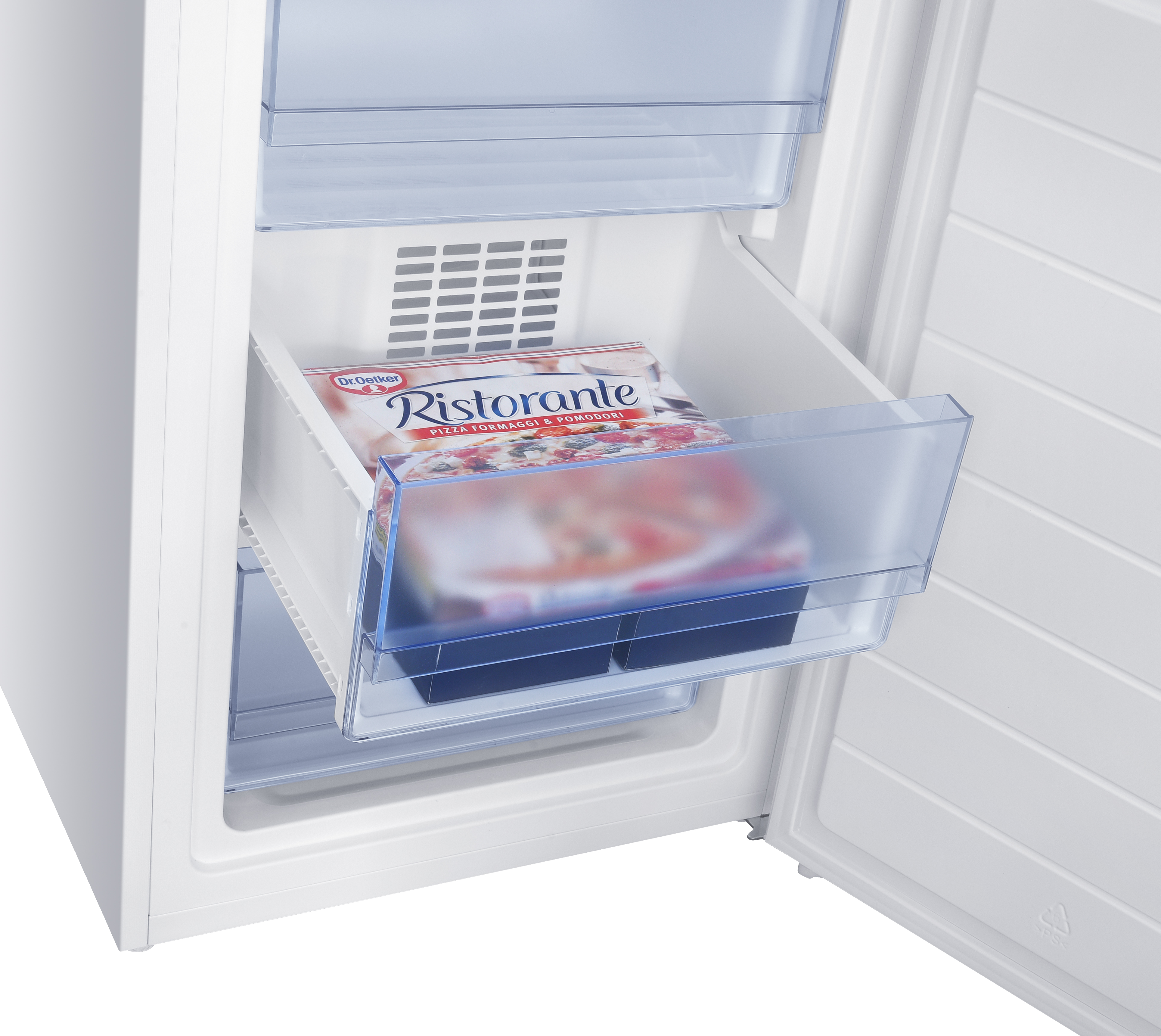 Open freezer with a box of Dr. Oetker Ristorante pizza stored inside an open transparent drawer.