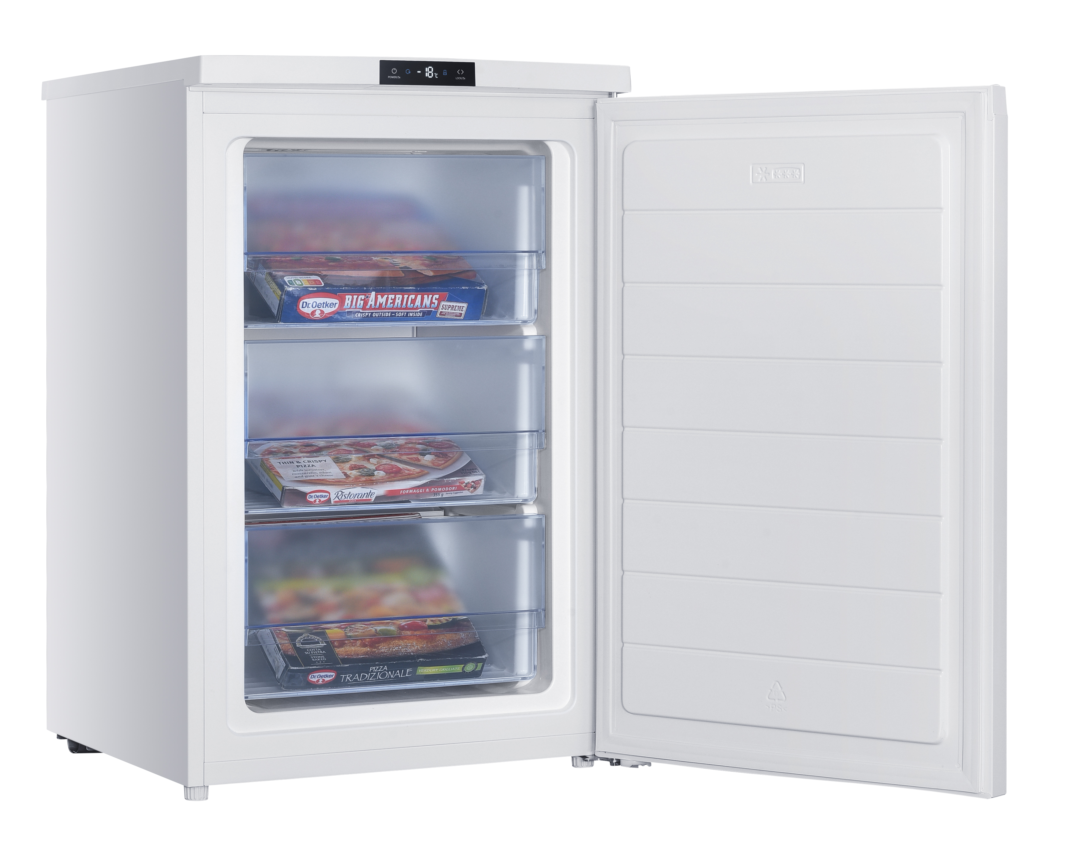 A white upright freezer with open door shows three transparent drawers filled with frozen pizzas.