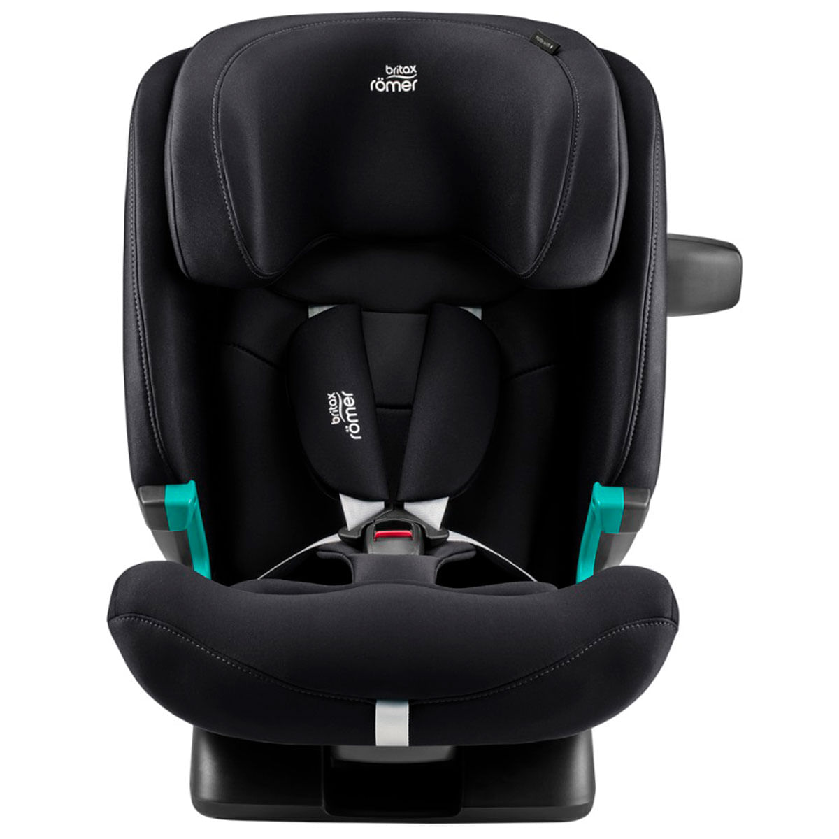 Silla de coche infantil Britax Römer negra con arnés integrado y detalles en turquesa sobre fondo blanco.