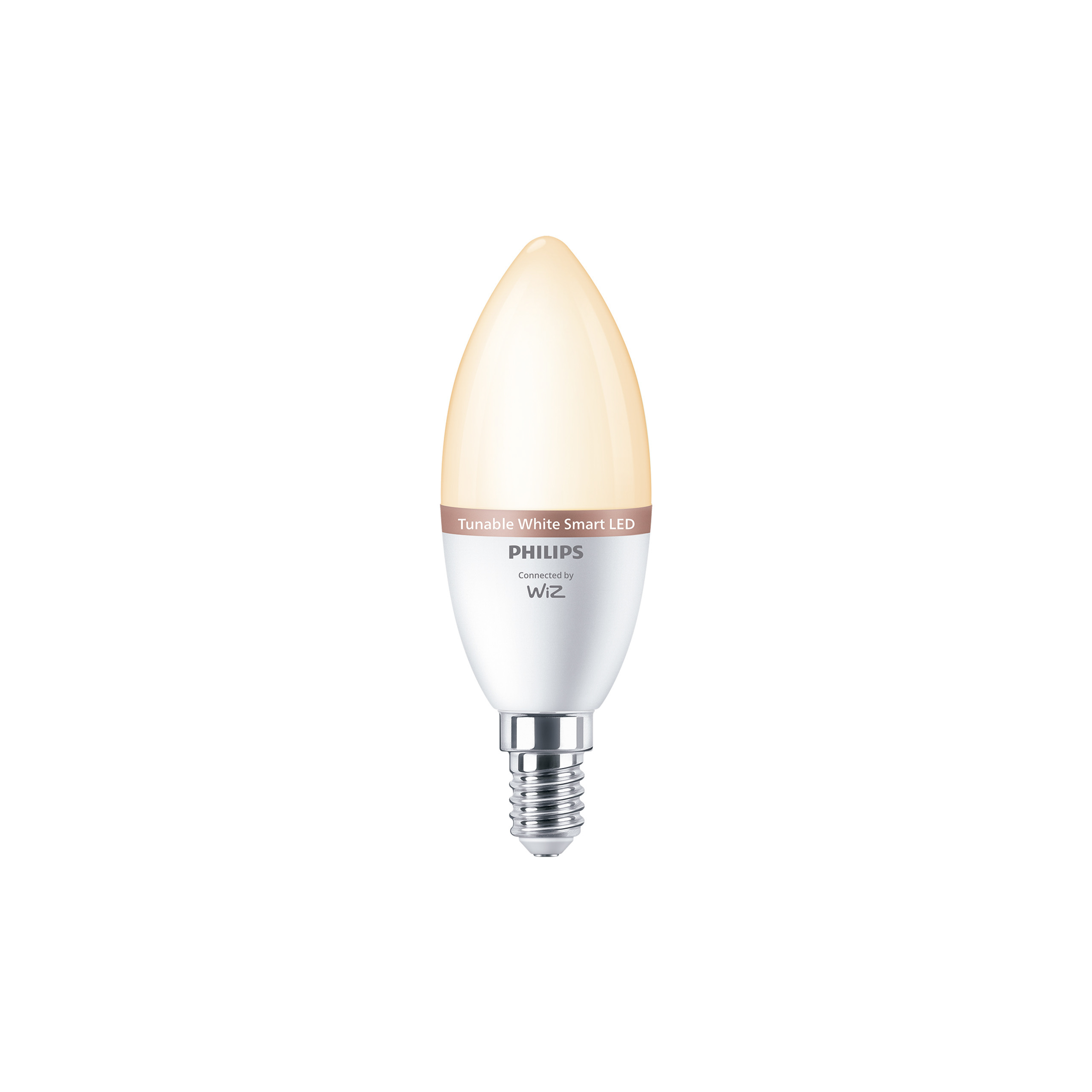 Inteligentna żarówka LED Philips Tunable White z trzonkiem E14 świeci ciepłym białym światłem na białym tle.