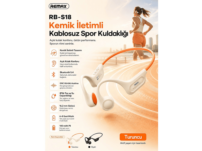 REMAX RB-S18 Kemik İletimli Spor Kulaklığı - Açık Kulak Tasarımlı Kablosuz Bluetooth Kulak İçi Kulaklık Turuncu