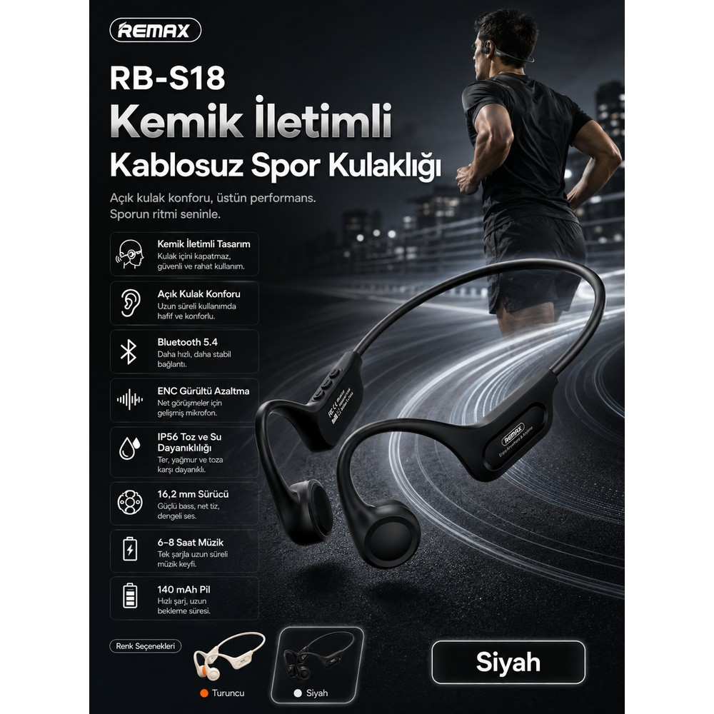 Koşan bir adam ve özellikleriyle siyah Remax kemik iletimli spor kulaklık tanıtım afişi.