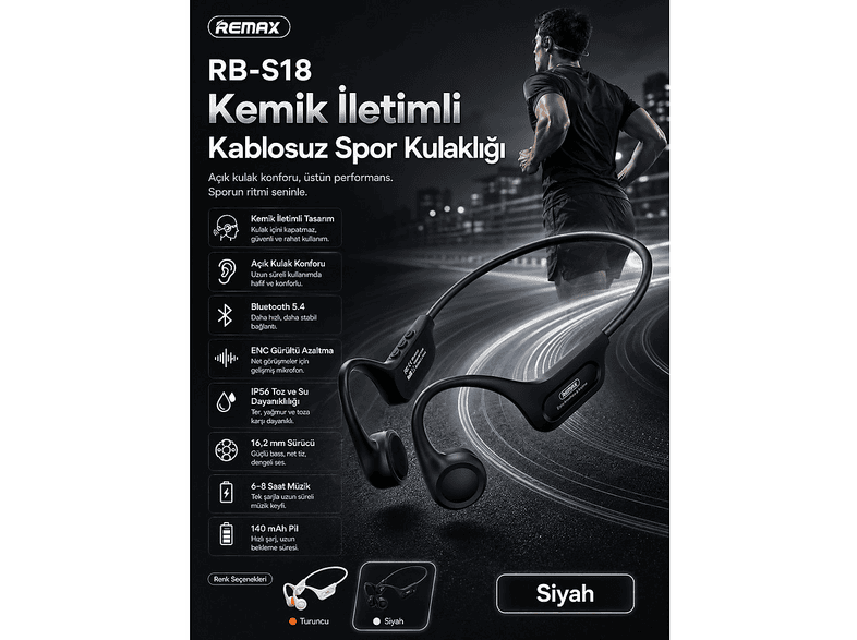 REMAX RB-S18 Kemik İletimli Açık Kulak Tasarımlı Spor Kablosuz Bluetooth Kulak İçi Kulaklık Siyah